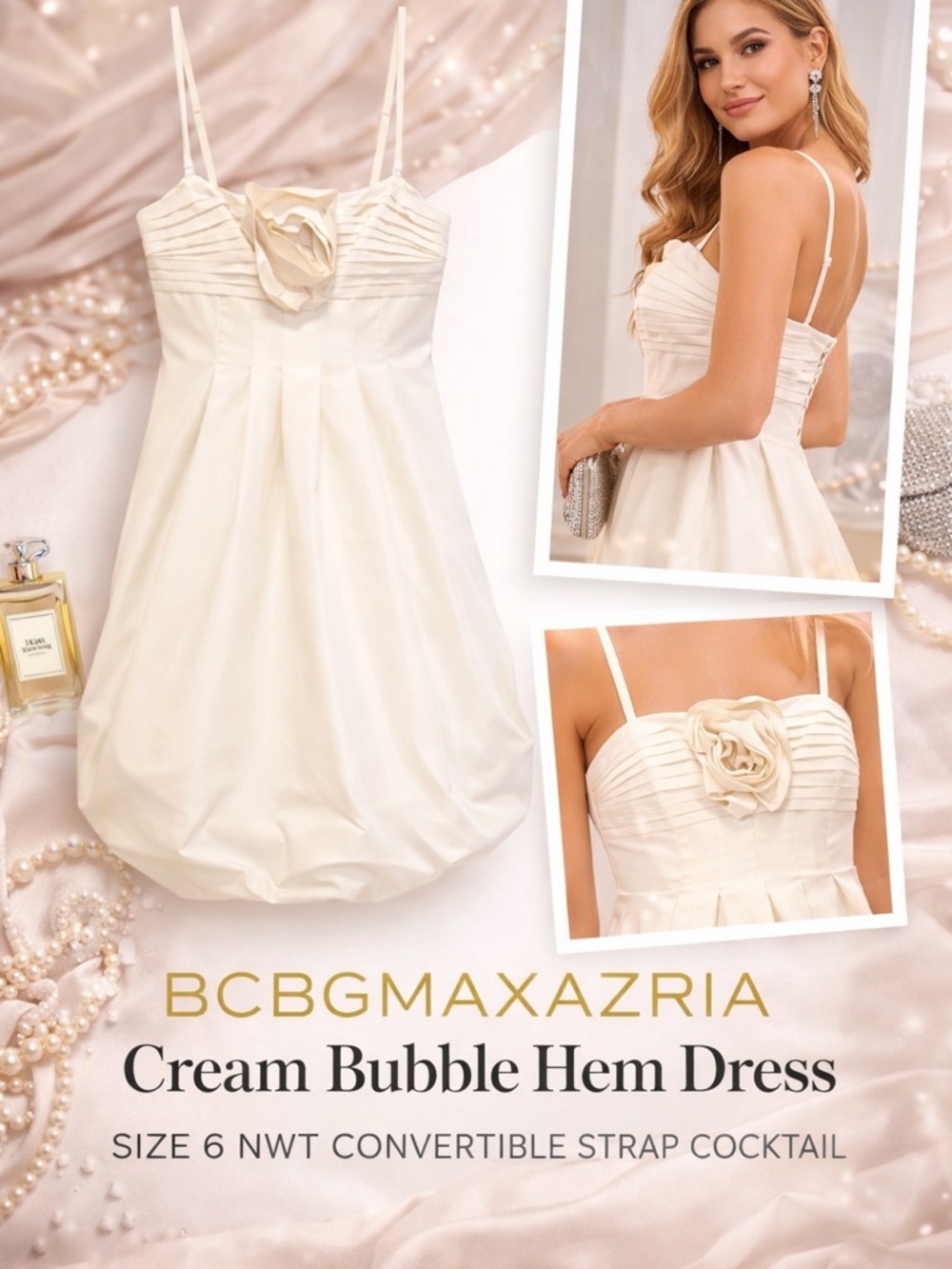 BCBGMaxAzria Cream Bubble Hem Mini Dress Size 6 NWT Adjustable Strap Cocktail